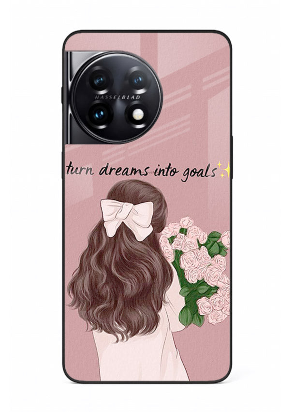 Girl holding flowers printed on OnePlus 11 glass back cover with warm illustrative tones.