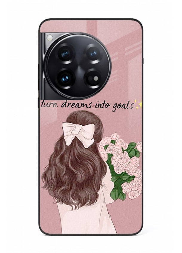 Girl holding flowers printed on OnePlus 12 glass back cover with warm illustrative tones.