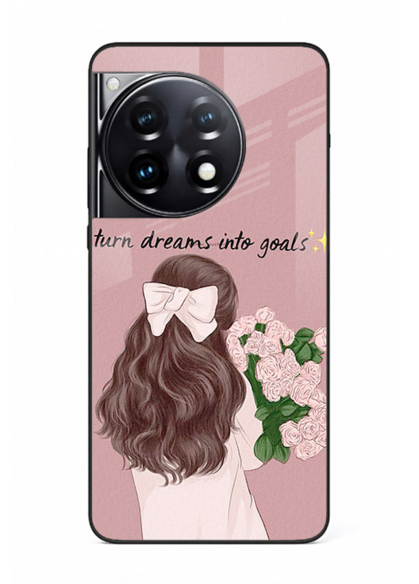 Girl holding flowers printed on OnePlus 12R glass back cover with warm illustrative tones.