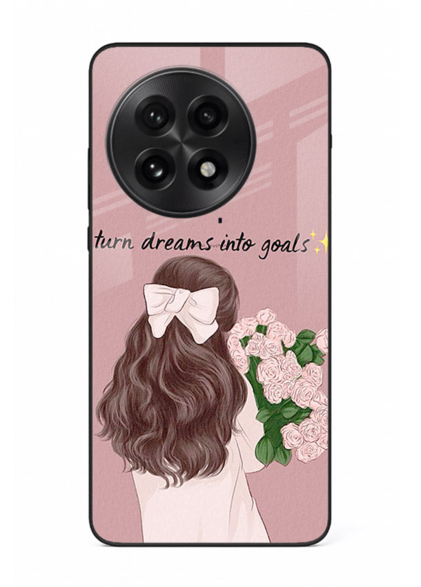 Girl holding flowers printed on OnePlus 13 glass back cover with warm illustrative tones.