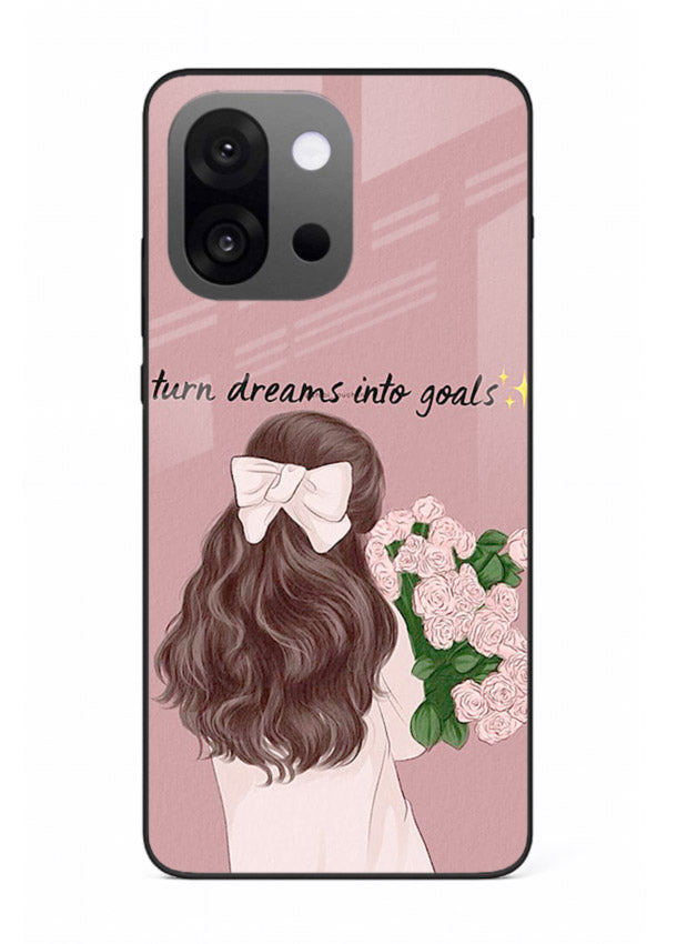 Girl holding flowers printed on OnePlus 13s glass back cover with warm illustrative tones.