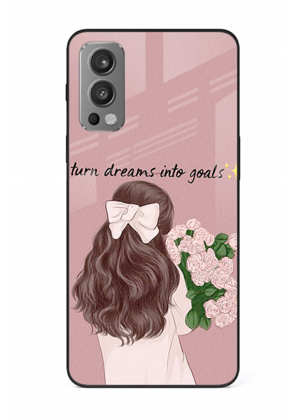 Girl holding flowers printed on OnePlus Nord 2 glass back cover with warm illustrative tones.