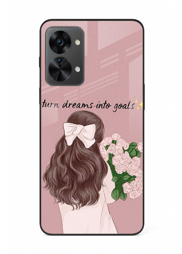 Girl holding flowers printed on OnePlus Nord 2T glass back cover with warm illustrative tones.