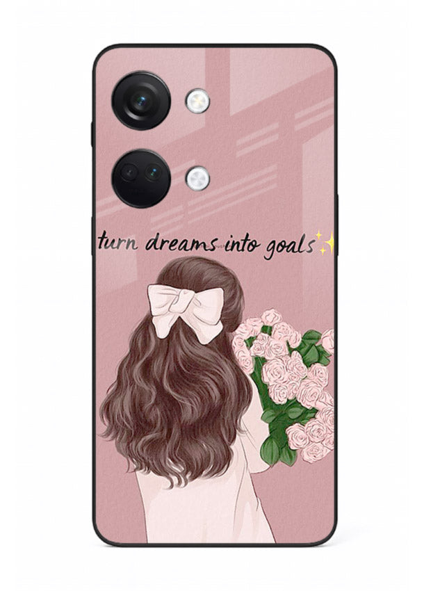 Girl holding flowers printed on OnePlus Nord 3 glass back cover with warm illustrative tones.