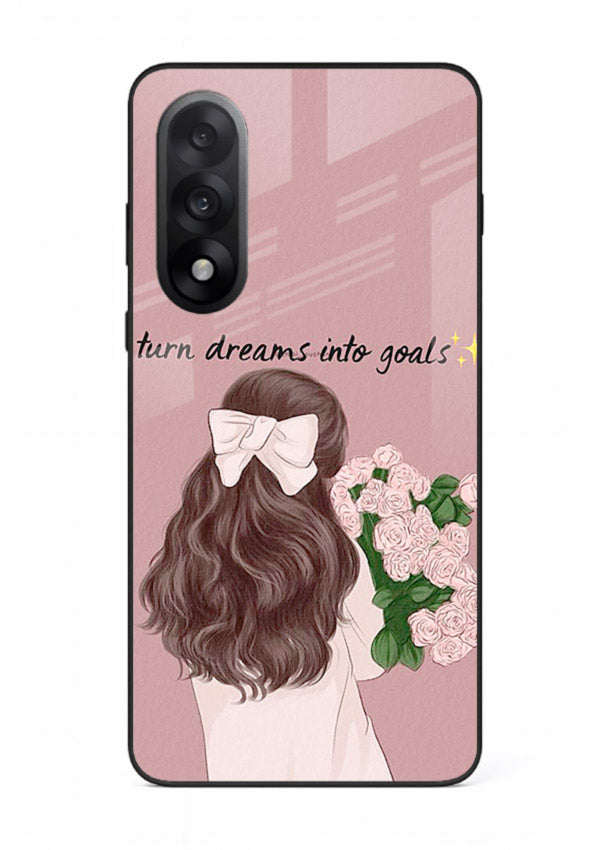 Girl holding flowers printed on OnePlus Nord 5 glass back cover with warm illustrative tones.