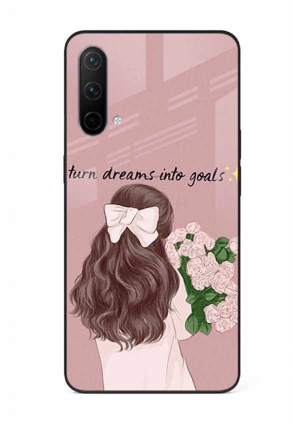 Girl holding flowers printed on OnePlus Nord CE 5G glass back cover with warm illustrative tones.