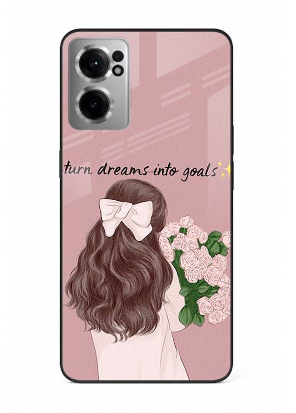 Girl holding flowers printed on OnePlus Nord CE2 5G glass back cover with warm illustrative tones.