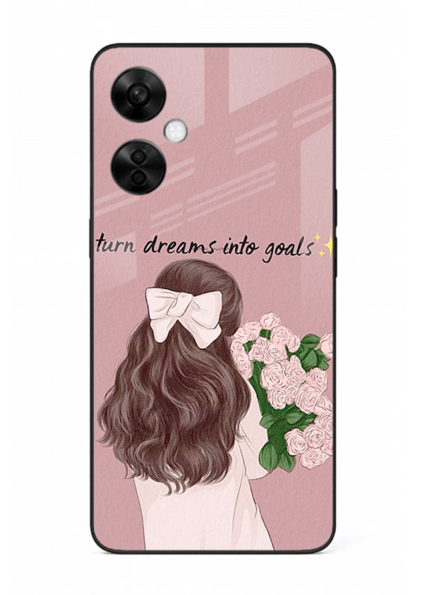 Girl holding flowers printed on OnePlus Nord CE3 Lite glass back cover with warm illustrative tones.
