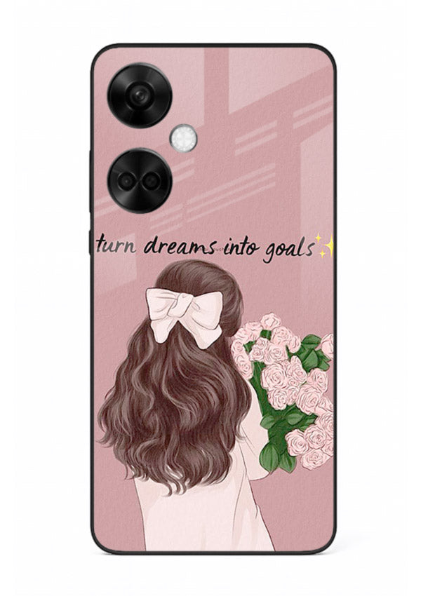 Girl holding flowers printed on OnePlus Nord CE3 glass back cover with warm illustrative tones.