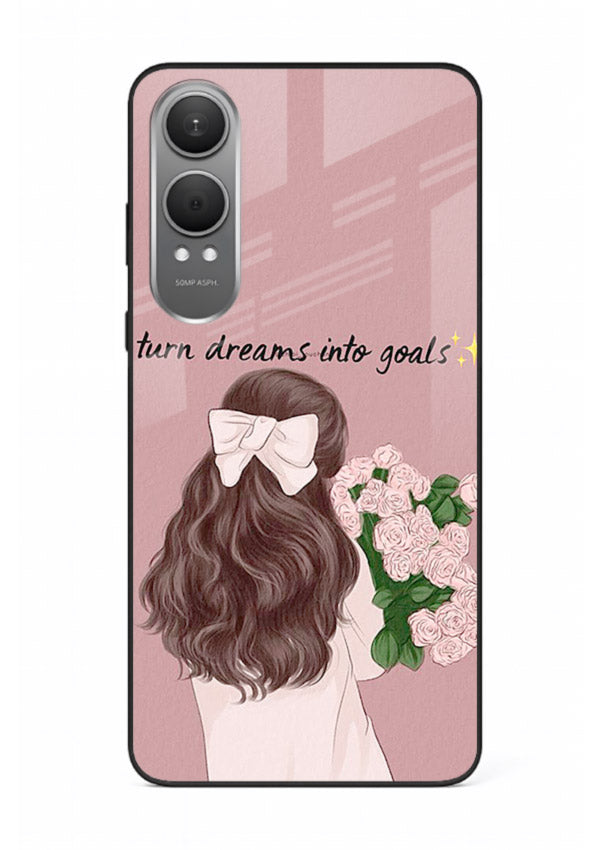 Girl holding flowers printed on OnePlus Nord CE4 Lite glass back cover with warm illustrative tones.
