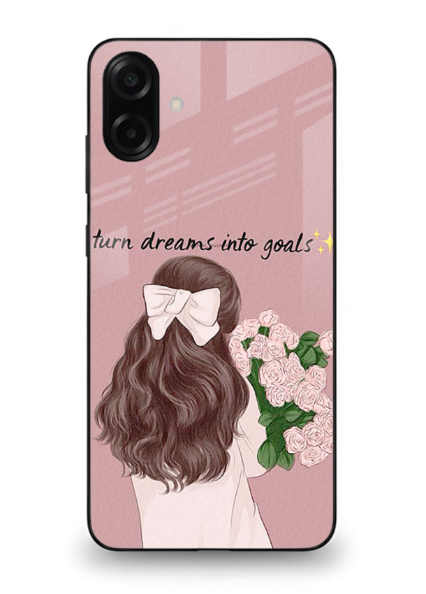 Girl holding flowers printed on Samsung A06 5G glass back cover with warm illustrative tones.