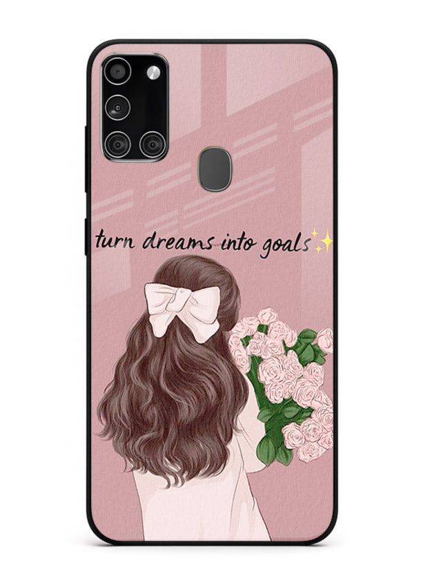 Girl holding flowers printed on Samsung A21s glass back cover with warm illustrative tones.