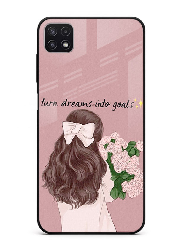 Girl holding flowers printed on Samsung A22 5G glass back cover with warm illustrative tones.
