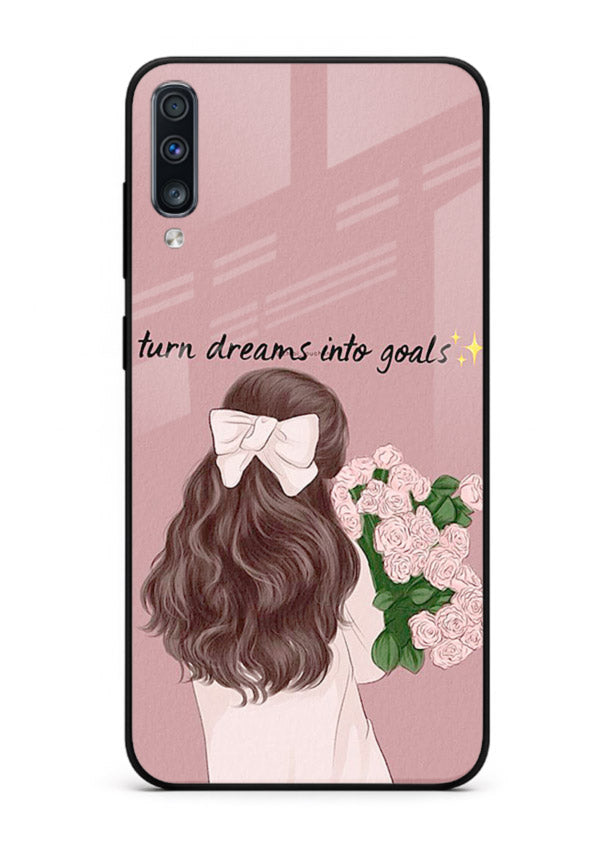 Girl holding flowers printed on Samsung A70 glass back cover with warm illustrative tones.