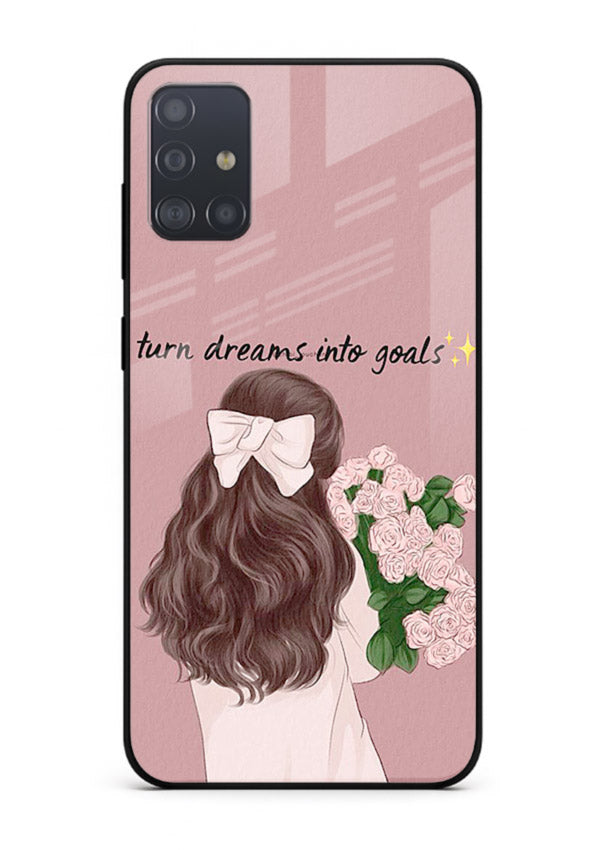 Girl holding flowers printed on Samsung A51 glass back cover with warm illustrative tones.