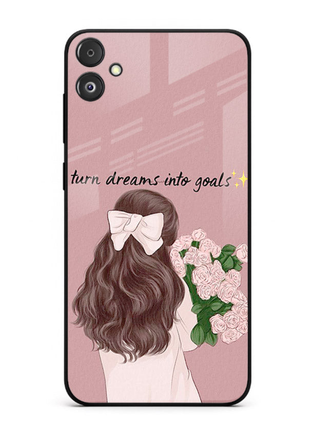 Girl holding flowers printed on Samsung F04 5G glass back cover with warm illustrative tones.