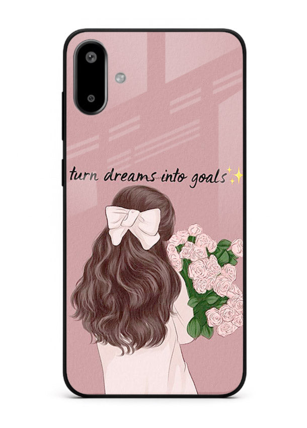 Girl holding flowers printed on Samsung F06 5G glass back cover with warm illustrative tones.