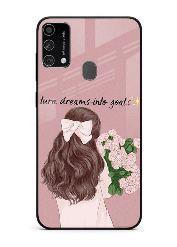 Girl holding flowers printed on Samsung F41 glass back cover with warm illustrative tones.