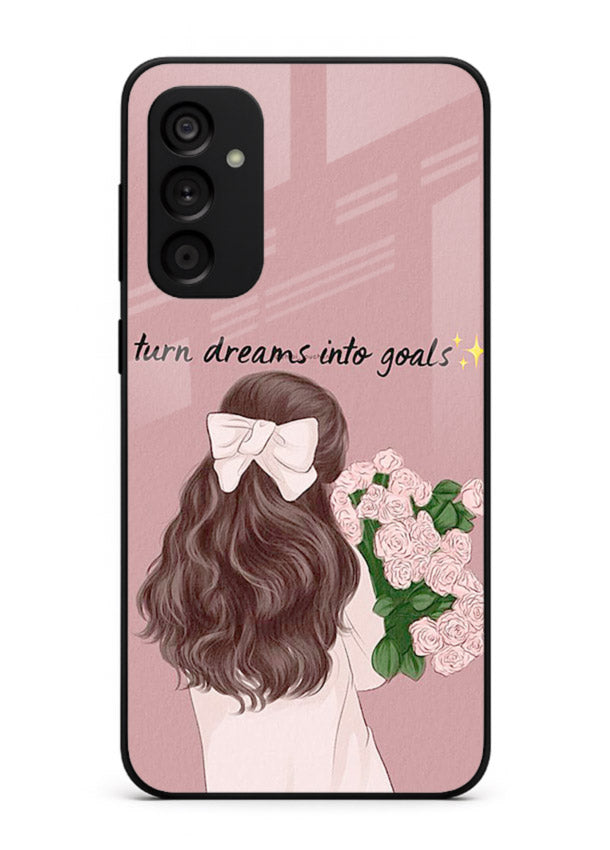 Girl holding flowers printed on Samsung M14 5G glass back cover with warm illustrative tones.
