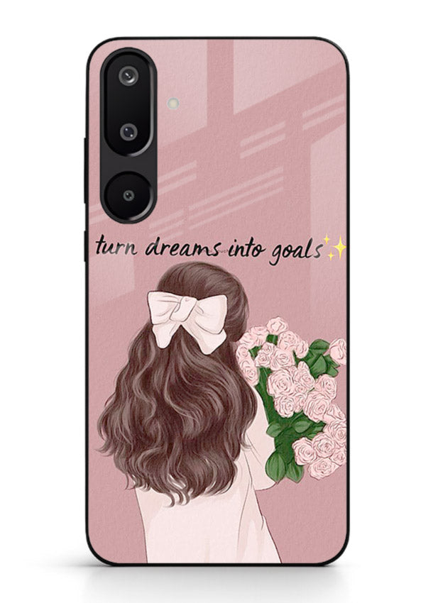 Girl holding flowers printed on Samsung F16 5G glass back cover with warm illustrative tones.