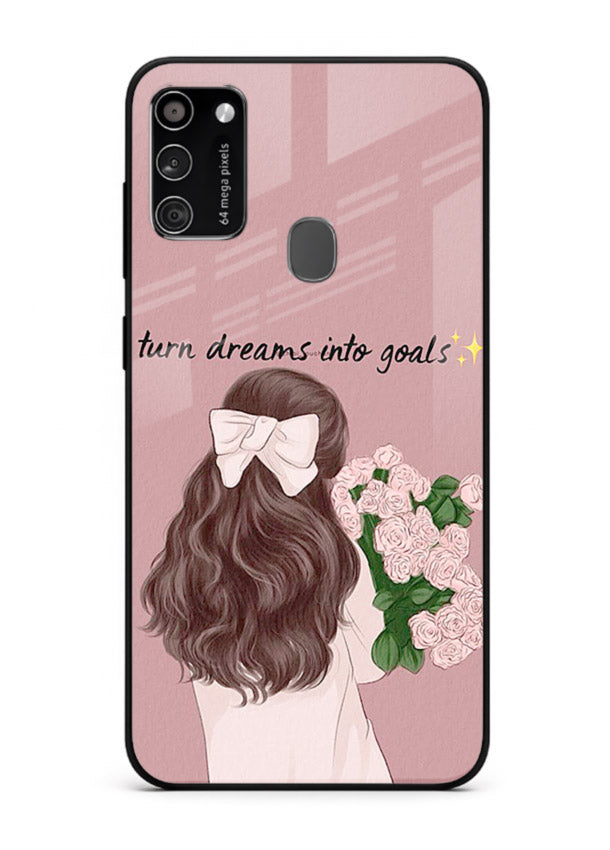 Girl holding flowers printed on Samsung M30s glass back cover with warm illustrative tones.