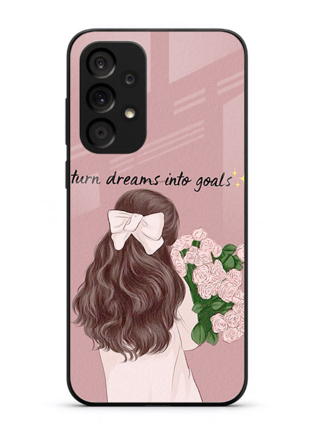 Girl holding flowers printed on Samsung A33 5G glass back cover with warm illustrative tones.