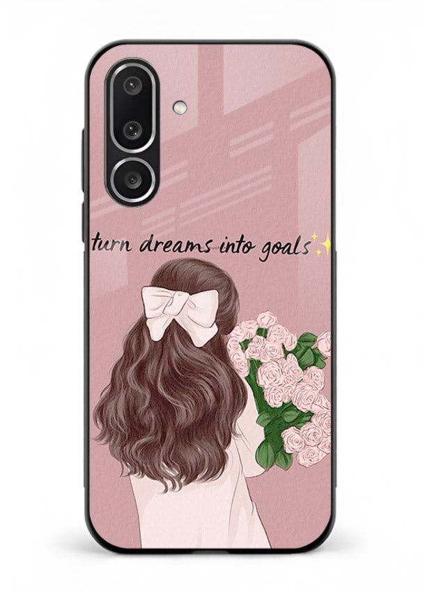 Girl holding flowers printed on Samsung M56 5G glass back cover with warm illustrative tones.