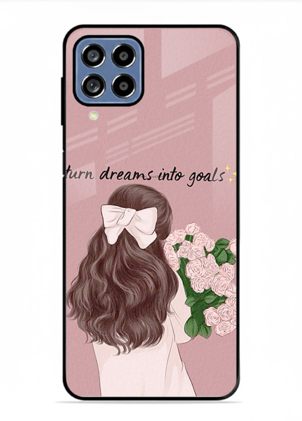 Girl holding flowers printed on Samsung F12 5G glass back cover with warm illustrative tones.