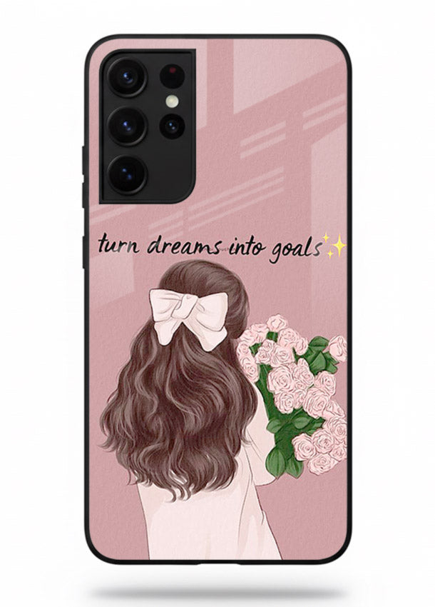 Girl holding flowers printed on Samsung S21 Ultra glass back cover with warm illustrative tones.