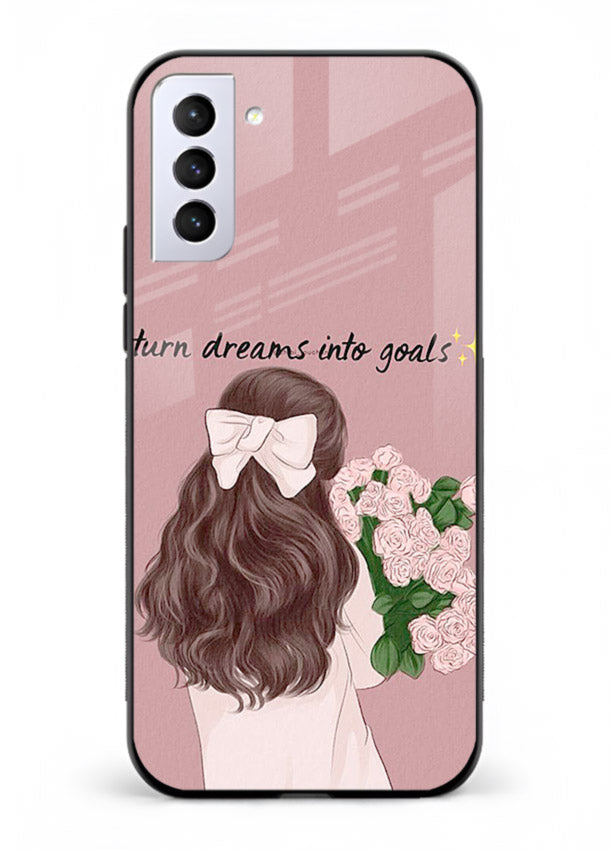 Girl holding flowers printed on Samsung S21 Plus glass back cover with warm illustrative tones.