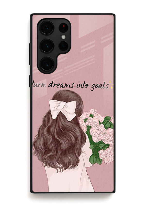 Girl holding flowers printed on Samsung S24 Ultra glass back cover with warm illustrative tones.