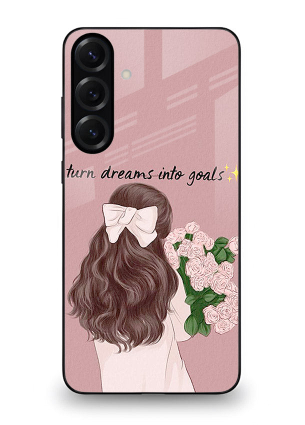 Girl holding flowers printed on Samsung M54 5G glass back cover with warm illustrative tones.