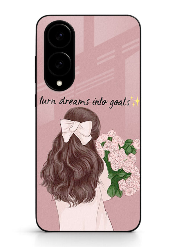 Girl holding flowers printed on Samsung S25 Edge glass back cover with warm illustrative tones.