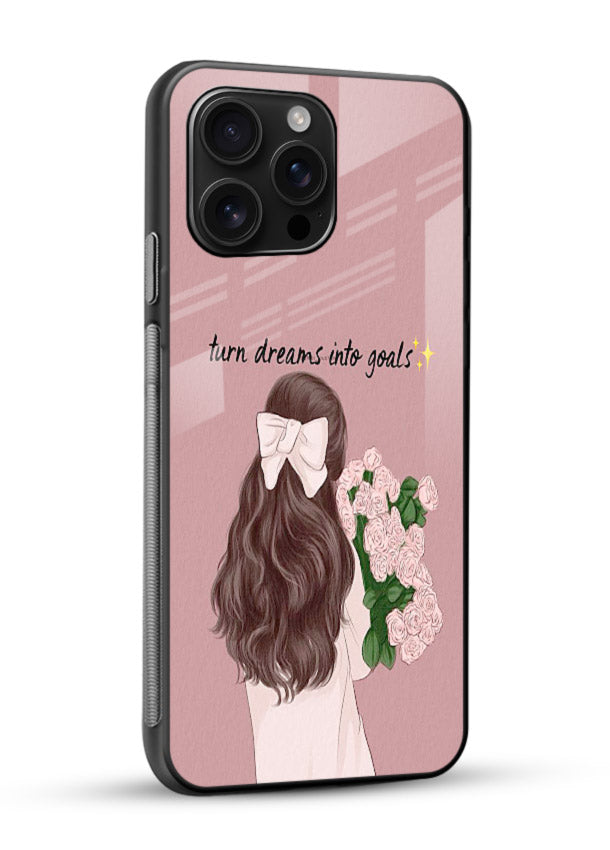 Girl holding flowers printed on glossy vibrant premium glass back cover with warm illustrative tones. - Angle Side