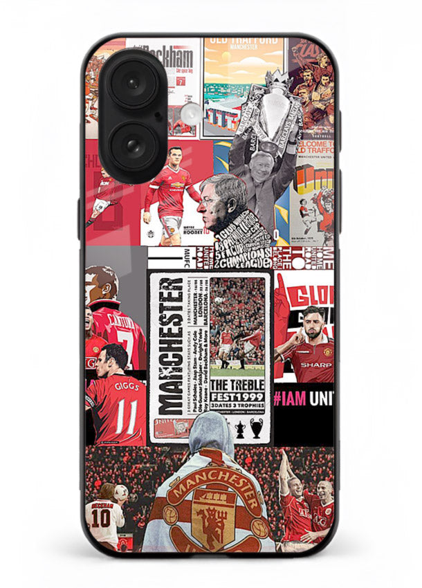 Football collage artwork on glossy tempered glass iPhone 17 back cover