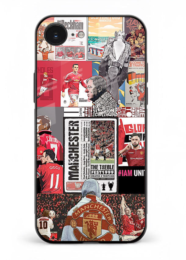 Football collage artwork on glossy tempered glass iPhone 16E back cover