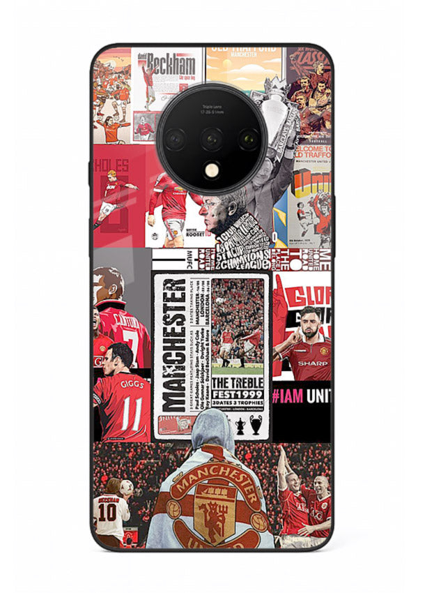 Football collage artwork on glossy tempered glass OnePlus 7T back cover
