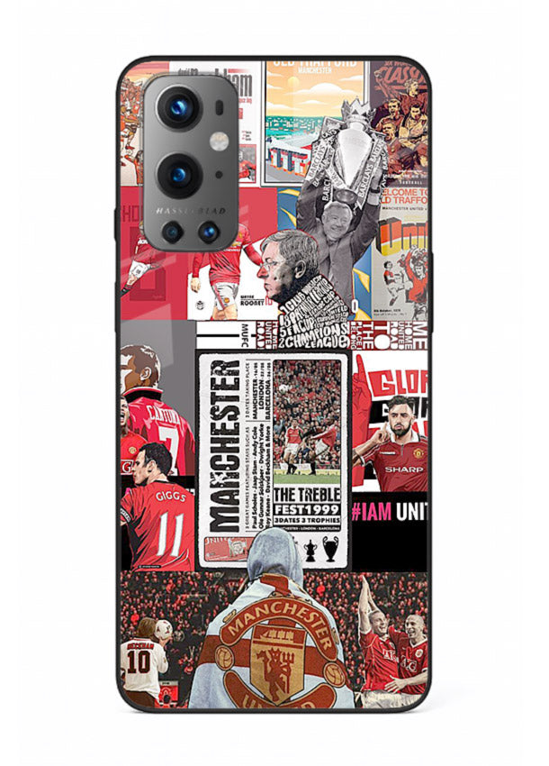 Football collage artwork on glossy tempered glass OnePlus 9 back cover