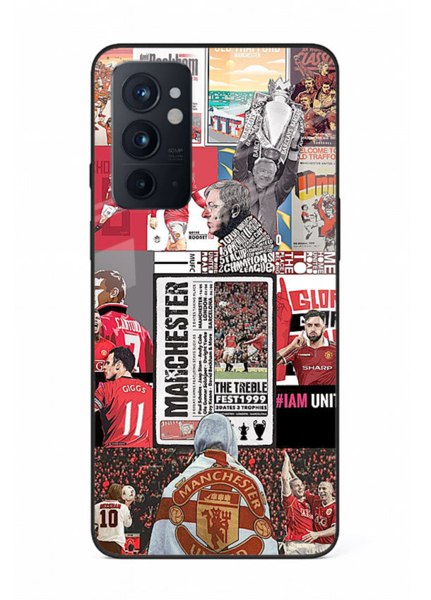Football collage artwork on glossy tempered glass OnePlus 9RT back cover