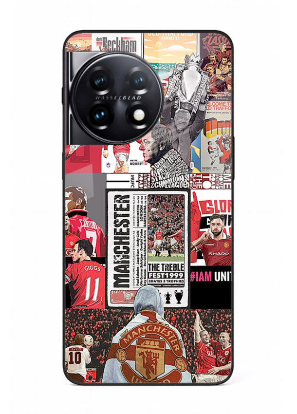 Football collage artwork on glossy tempered glass OnePlus 11R back cover