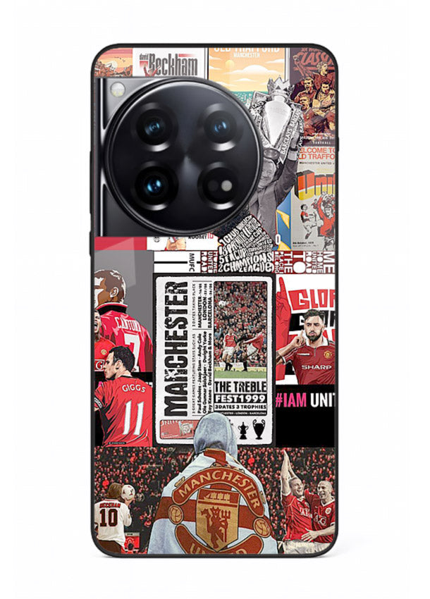 Football collage artwork on glossy tempered glass OnePlus 12 back cover