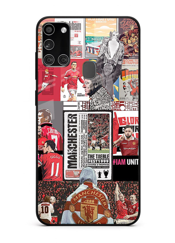 Football collage artwork on glossy tempered glass Samsung A21s back cover