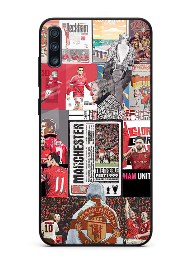 Football collage artwork on glossy tempered glass Samsung A70 back cover