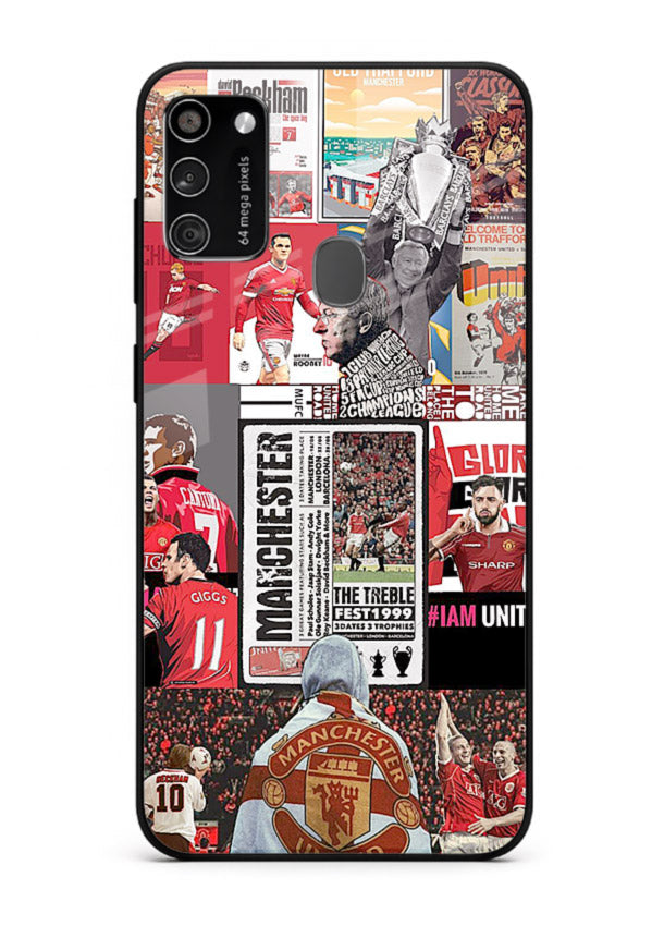 Football collage artwork on glossy tempered glass Samsung M21 back cover