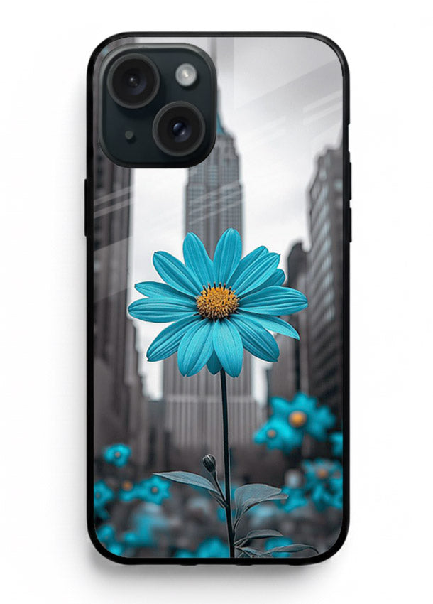 Blue daisy artwork on iphone 15 glass back cover with bold modern floral styling.