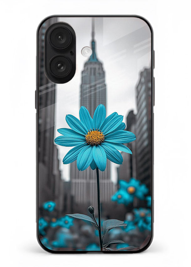 Blue daisy artwork on iphone 17 glass back cover with bold modern floral styling.