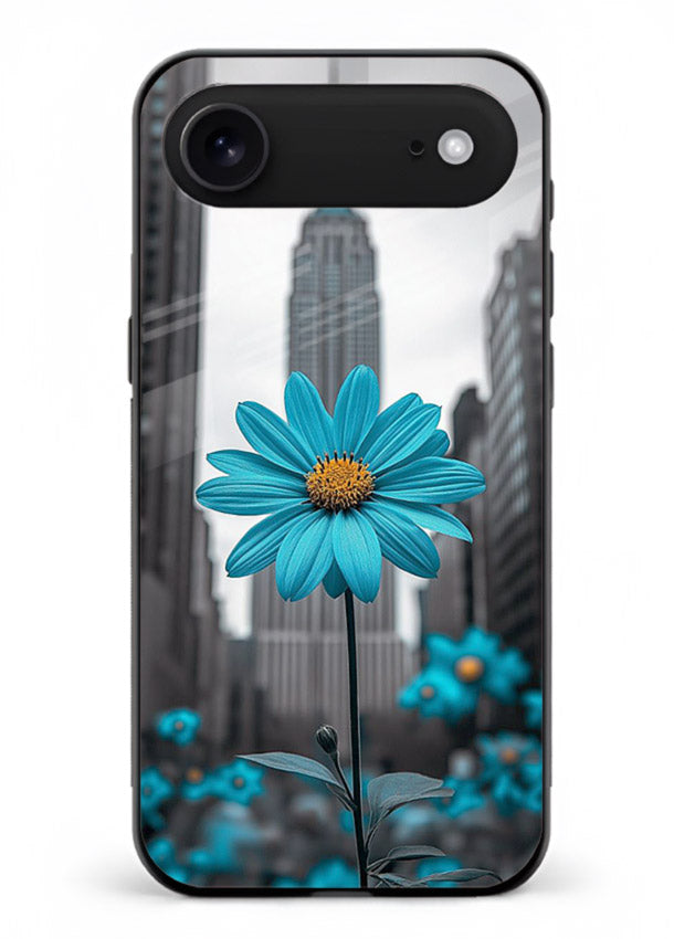 Blue daisy artwork on iphone 17 air glass back cover with bold modern floral styling.