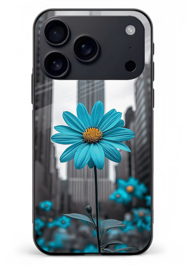 Blue daisy artwork on iphone 18 pro max glass back cover with bold modern floral styling.