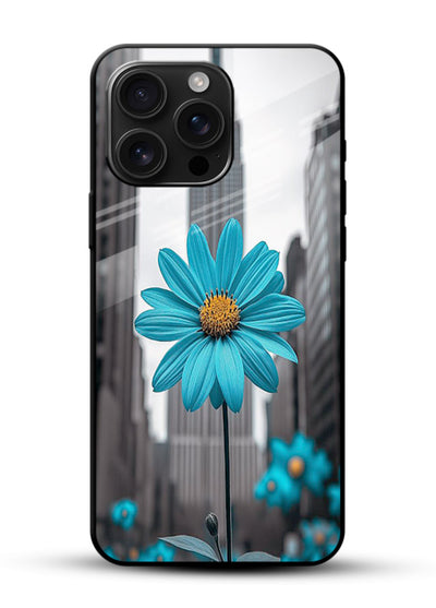 Blue daisy artwork on glossy vibrant premium glass back cover with bold modern floral styling. - Angle Front