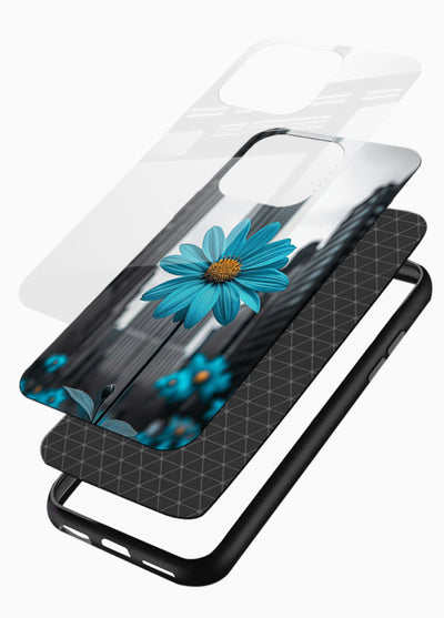 Blue daisy artwork on glossy vibrant premium glass back cover with bold modern floral styling. - Angle Layers